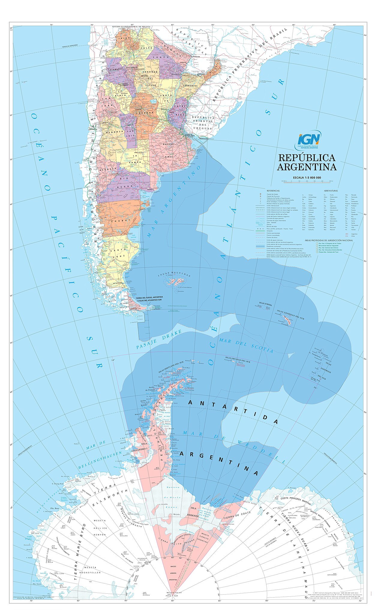 Mapa político bicontinental oficial de Argentina, que incluye las islas Malvinas, el Atlántico Sur y un sector antártico.